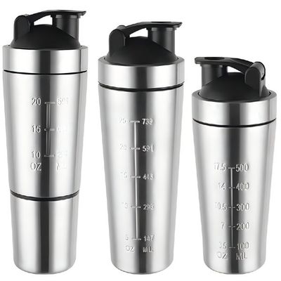 comprar 500/750ML Fácil de Carregar Prata Protein Shaker de aço inoxidável personalizado garrafa Shaker de ginástica de aço inoxidável com bola de mistura livre de BPA boca larga online manufacture