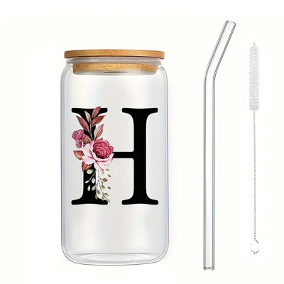 comprar Logotipo personalizado requintado 16oz Sublimação Garrafa de água de vidro letras florais claras Coca-Cola lata copos de vidro com tampa de bambu e palha 8 * 15cm online manufacture
