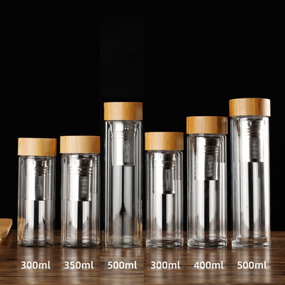 comprar Logotipo personalizado à prova de vazamento Botella de infusão de chá de parede dupla Botella de água de vidro isolado duplo com tampa de bambu 350ml/400ml/450ml reutilizável Eco-friendly online manufacture