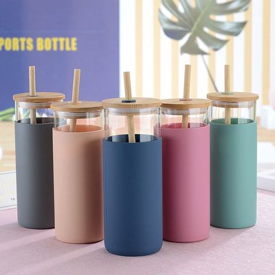 comprar Ótima estética alta borosilicato de vidro pode em forma de taça de vidro caneca de café com tampa de palha de bambu para escritório grande capacidade fácil de usar na vida diária online manufacture