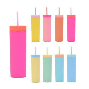 comprar Tubarões magros com tampas e canudos 6 pacotes 16oz cor pastel fosco magro acrílico de parede dupla plástico alto Tubarões magros a granel para bebidas quentes frias online manufacture