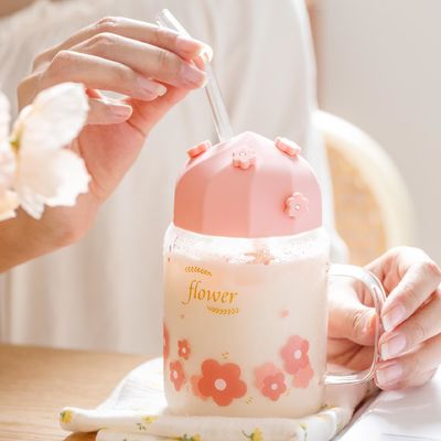 comprar Taça de vidro de flor de cerejeira com tampa de silicone de palha online manufacture