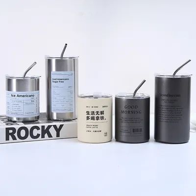 comprar Tumbler Copo de café de aço inoxidável Isolamento com tampa e palha estilo americano Portátil fora com acompanhamento palha copos de água selada parede dupla frasco de viagem Fabricação em linha