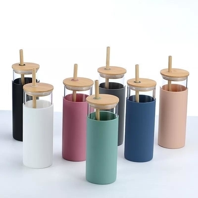 comprar Colourful Lavadora de louça portátil caixa de vidro seguro com manga de silicone borosilicato alto vidro batedeira de batedeira com tampa de bambu design reutilizável online manufacture