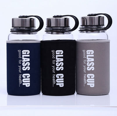 850 ml/1000 ml Garrafas de vidro de grande porte para desporto duráveis de alto borosilicato garrafa de água de vidro irrompível de 1 litro com manga de nylon contra vazamentos e derrames