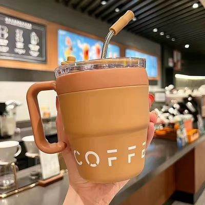 Tumbler de aço inoxidável de parede dupla com alça e tampa de palha 16 oz Vacuum Travel Coffee Mug
