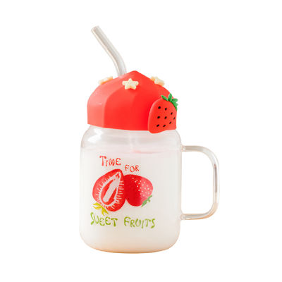 Copo de vidro transparente de fruta de verão, alta temperatura, fofo, grande capacidade, com tampa e canudo, para estudantes, meninas, copo de café da manhã
