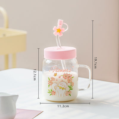 Relief Transparente Gato Taça de vidro de alta temperatura Carinhosos de grande capacidade coberto de palha Copo de café da manhã de leite de meninas estudantes Escritório