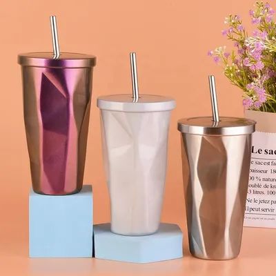 Moderno design 480ml personalizado caneca de aço inoxidável com palha estilo country gradiente irregular caneca de chá de aço inoxidável para viagens