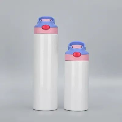 12oz Kids Skinny Tumbler Sublimação de aço inoxidável Tumbler em branco com um clique Pop Up Palha e manuseio Copas de sublimação para bebidas Fundos de borracha e filmes encolhidos DIY presente