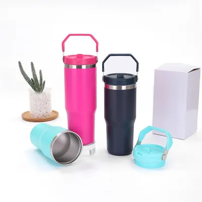 30 oz Tumbler com alça e tampa de palha à prova de vazamento duplo isolado 30 oz Copo de aço inoxidável
