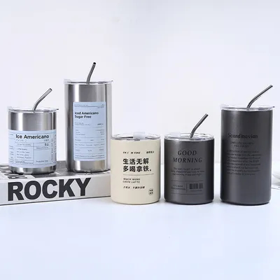 Tumbler Copo de café de aço inoxidável Isolamento com tampa e palha estilo americano Portátil fora com acompanhamento palha copos de água selada parede dupla frasco de viagem