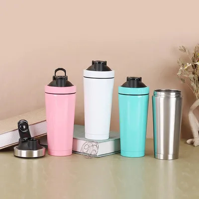 Shaker de aço inoxidável portátil de secção dupla, frasco de shaker de proteínas metálicas com balança para ginásio