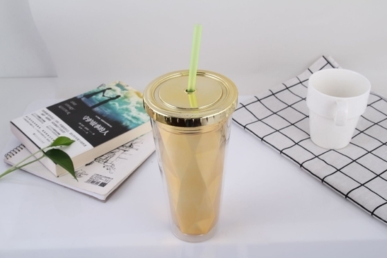 650ml Copo de palha de plástico de dupla camada electroplacado Verão Com tampa Copo de água transparente Copo de suco criativo