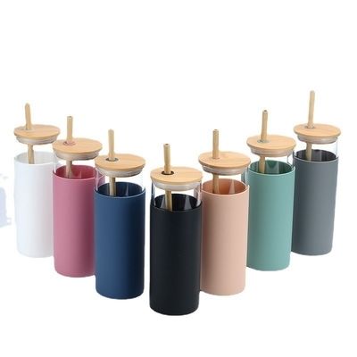Resíduo de derramamento 500ml Colorido Para viagens ao ar livre Garrafa de água de vidro com palha Bamboo tampa Garrafa de água leve Para escritório domésticoAjustado aceitável