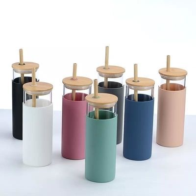 Colourful Lavadora de louça portátil caixa de vidro seguro com manga de silicone borosilicato alto vidro batedeira de batedeira com tampa de bambu design reutilizável